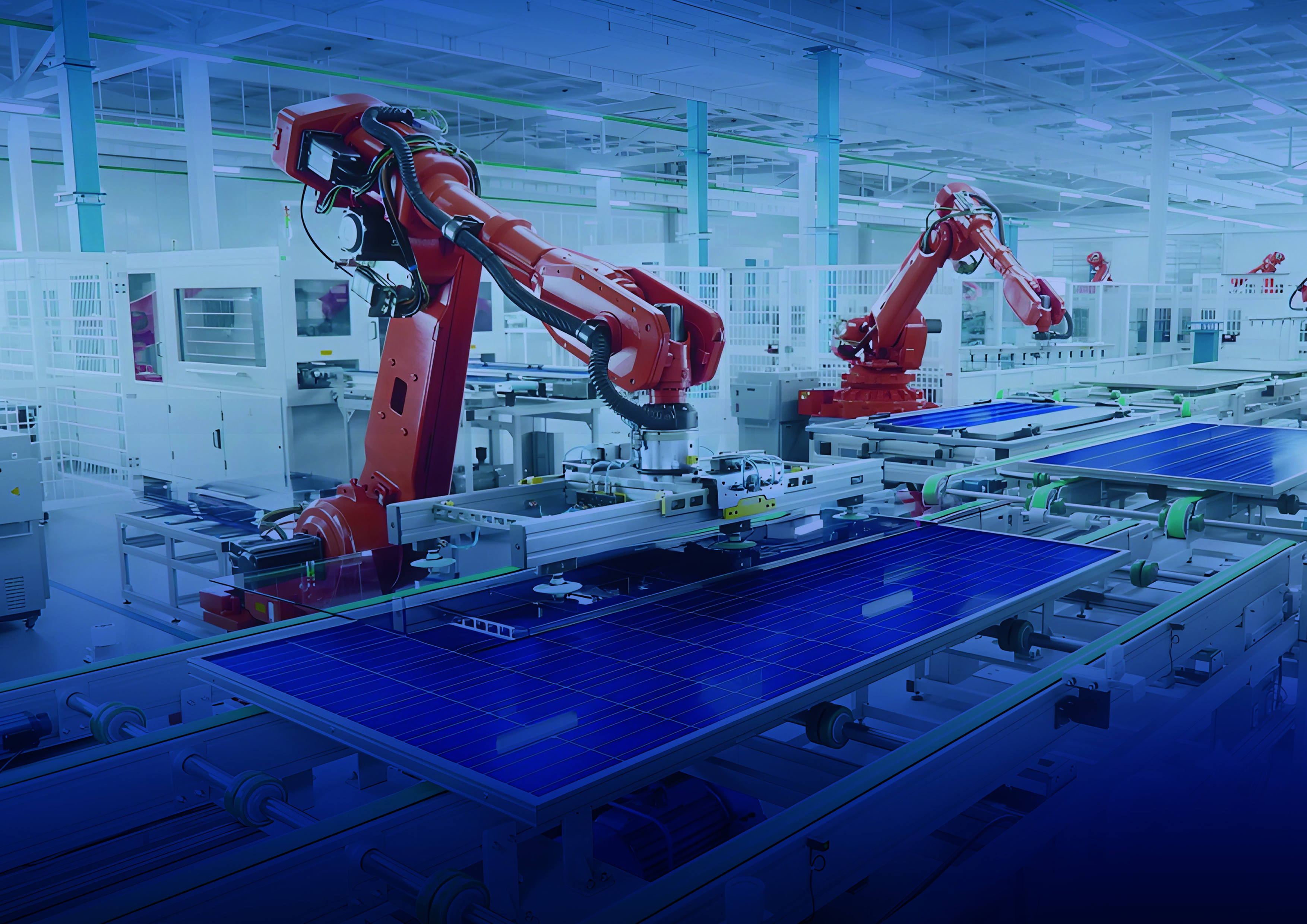 Automated robotic systems in a solar panel production facility