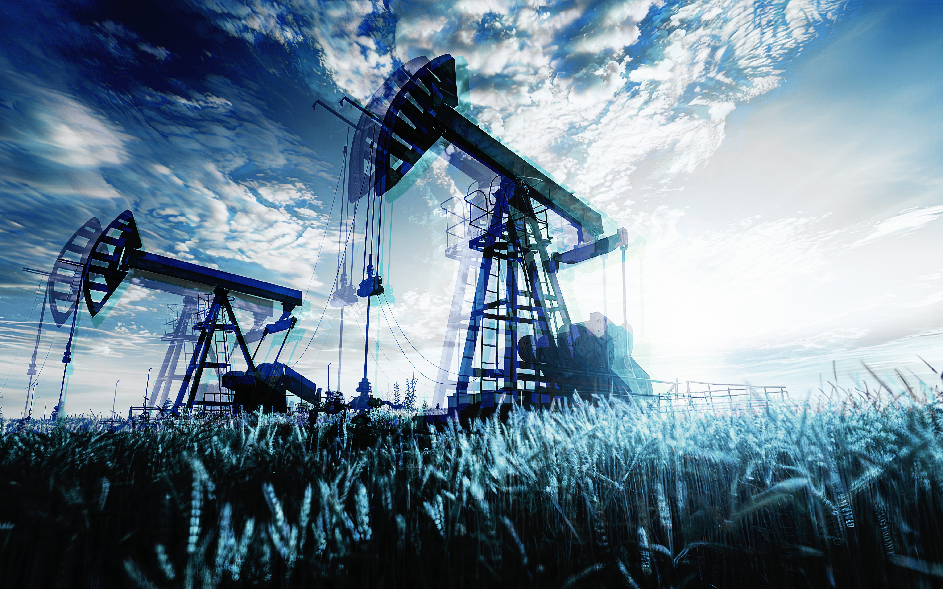 Oilfield pumpjacks and bright sky representing the energy transition